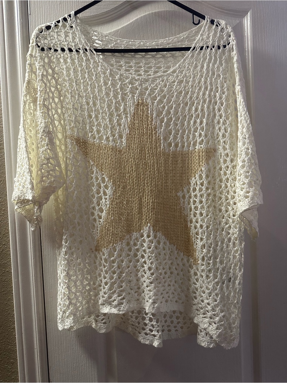 Cream with Gold Tan Star Crochet Open Knit Beach Cover Up Top Size M - Picture 2 of 7